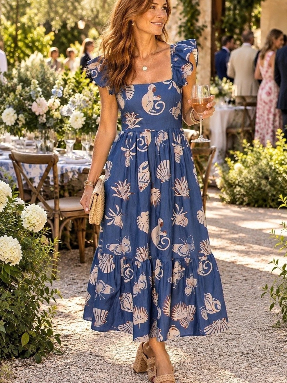 Olivia James Tropical Monkey Shell Cotton Maxi Dress Blue Tan S